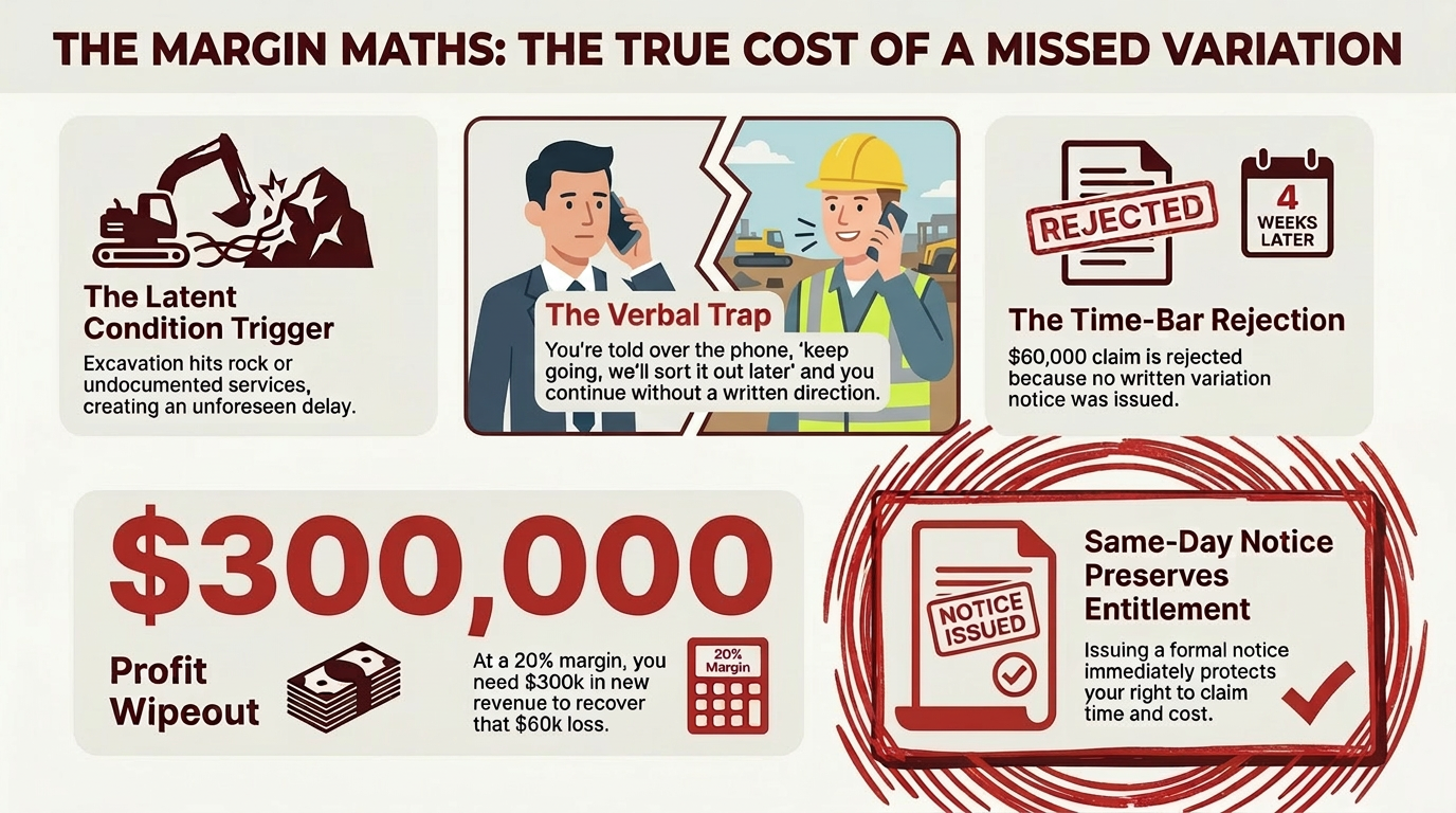 The Margin Maths — the true cost of a missed variation, showing triggers, time-bar rejection, and profit wipeout